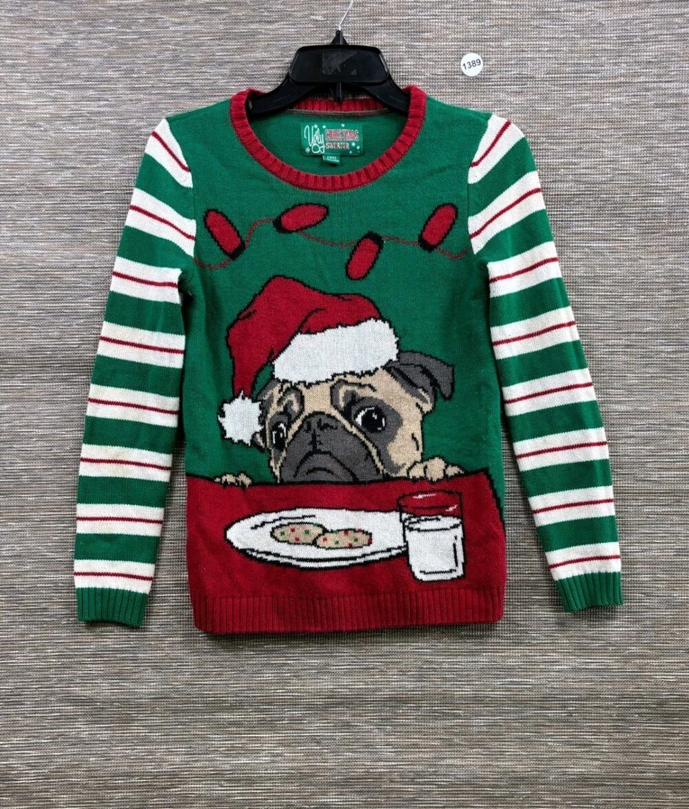 Ugly Xmas Pug Dog Sweater Milk & Cookies Santa Hat Womens Size XS Green